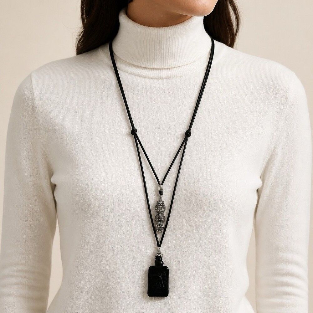 Necklace Handmade long, pendant  Black Cord, Jhumka Bells, Obsidian Buddha Face